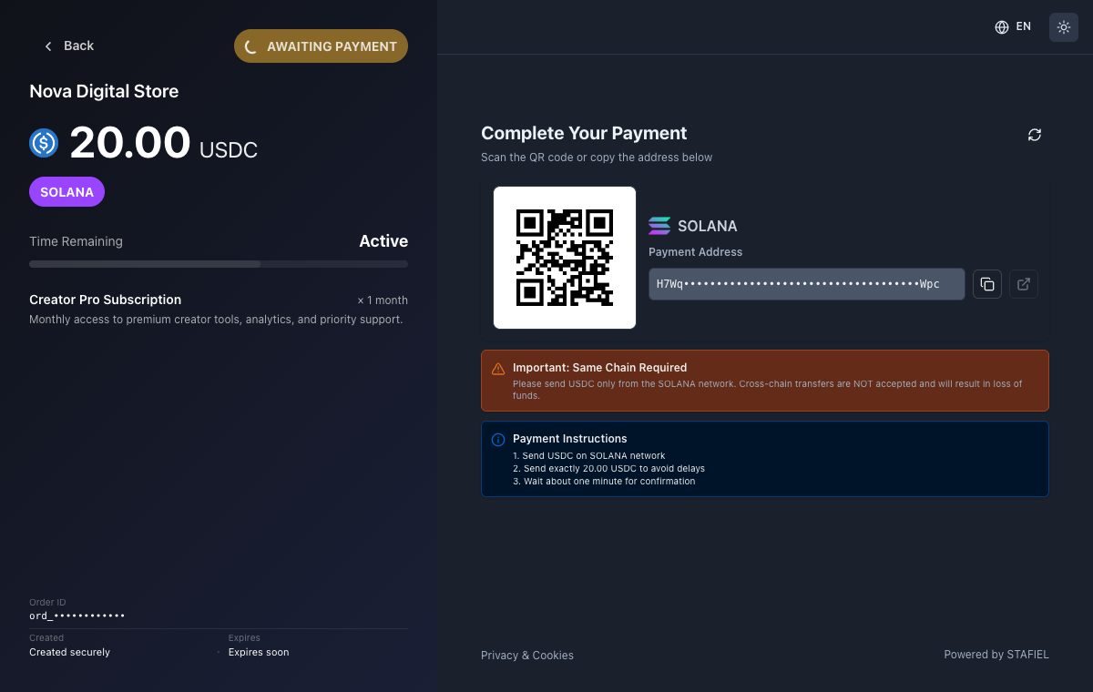 Stafiel stablecoin payment page with a masked payment address and QR code