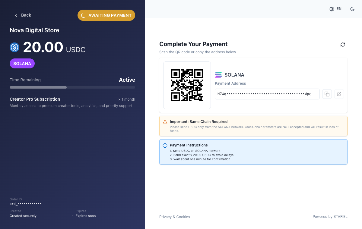 Stafiel stablecoin payment page with a masked payment address and QR code