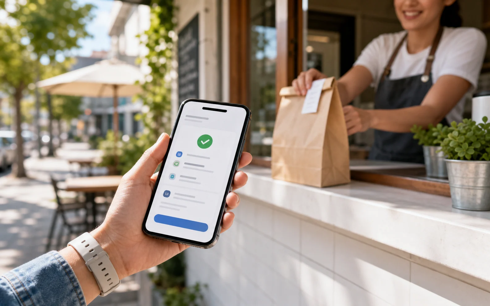 Customer confirming a wallet payment at an outdoor pickup counter